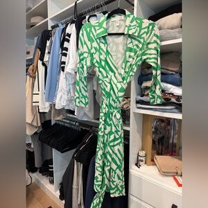Diane Von Furstenberg Green and White Geometric Wrap Dress